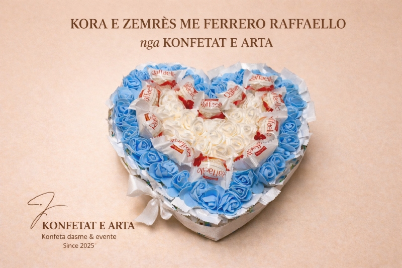 Zemer Kokonate me Lule dhe Çokollata, Dhurate Romantike e Personalizuar nga KONFETAT E ARTA, konfeta elegante per martese Tirane, kartolina romantike me emer, konfeta me mesazh te vecante, konfeta artizanale moderne, dhurata kreative per ceremoni