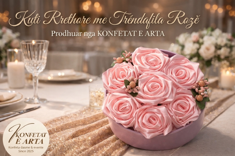 Kuti rrethore me trendafila roze nga KONFETAT E ARTA, kuti me trendafila artificial roze, kuti dhurate me lule saten roze romantike, dhurate per ditelindje e personalizuar, kuti dekorative me lule, kuti romantike me trendafila per pervjetor